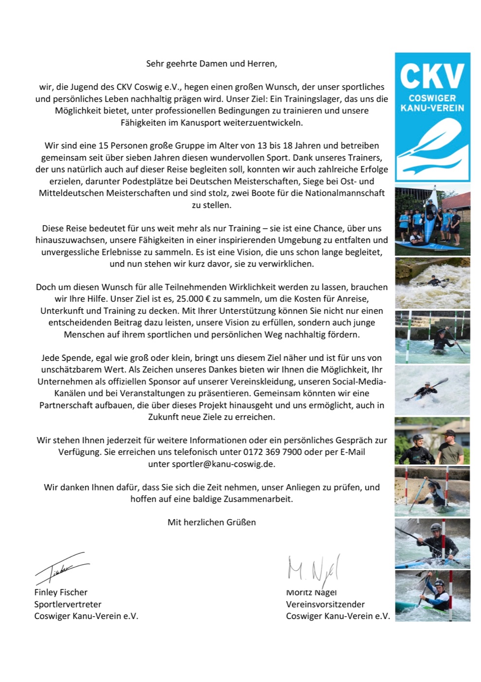 Spendenaufruf der Jugend des Coswiger Kanu-Vereins – vollständiger Brief